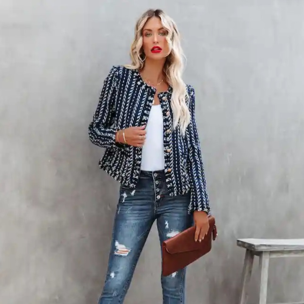 Vici- Knitted Blazer, White / Blue stripes w/ gold buttons, Size L, Never Worn